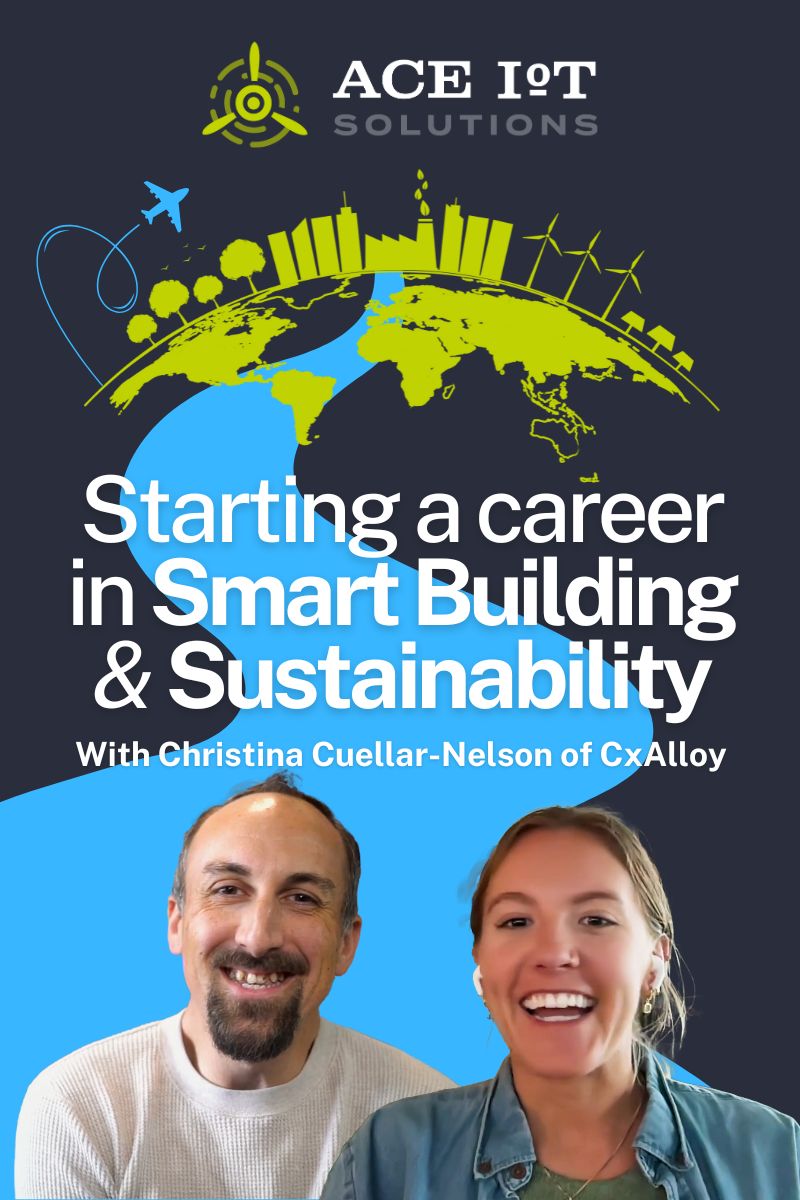 Starting a Career in Smart Building and Sustainability with Christina Cuellar-Nelson of CxAlloy, featuring headshots of Andrew Rodgers and Christina Cuellar-Nelson