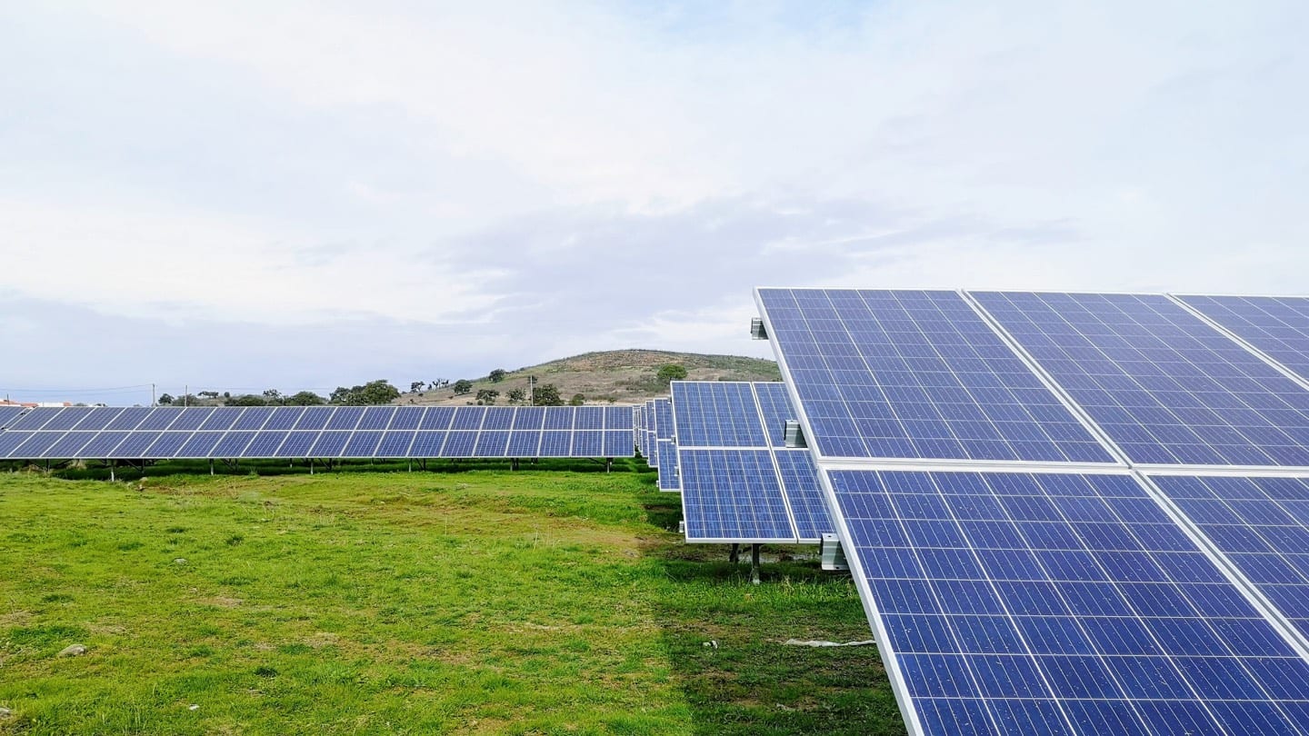 solar panels in a green field 
