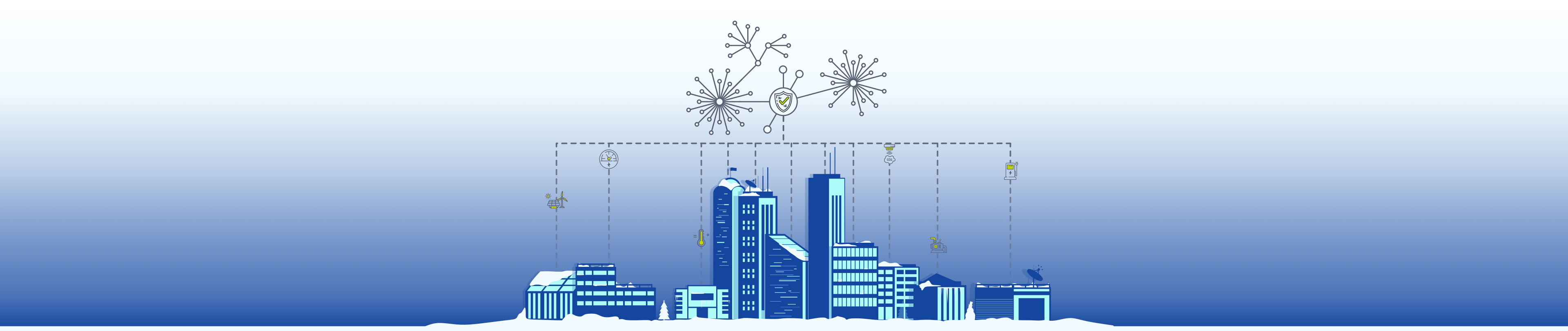 A winter cityscape, each building sending device data properly commissioned to the cloud network.