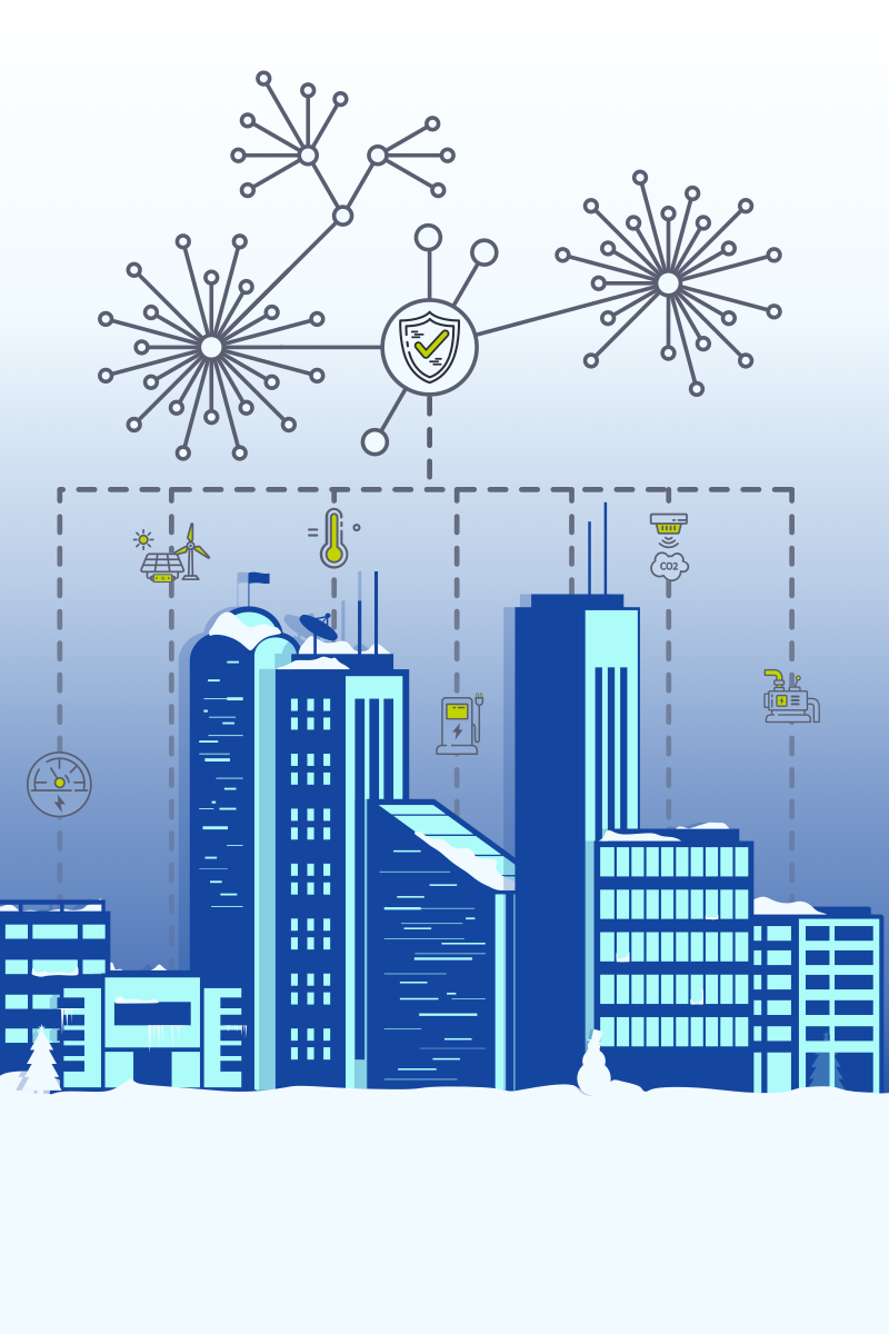A winter cityscape, each building sending device data properly commissioned to the cloud network.