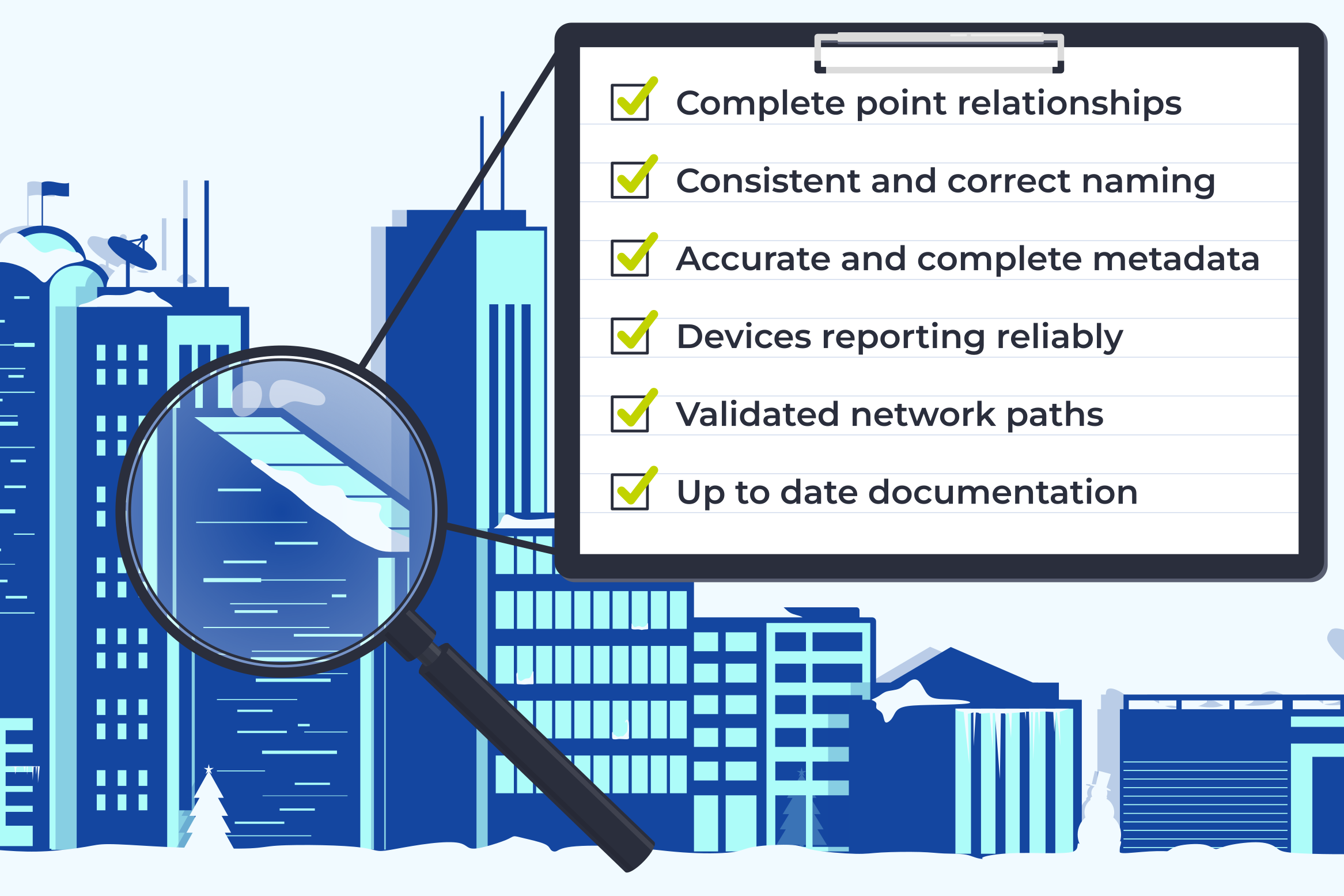 A magnifying glass over a building, showing a completed checklist for Digital Commissioning